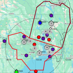Kart som viser R141 Østlandet Nord og R142 Østlandet Sør